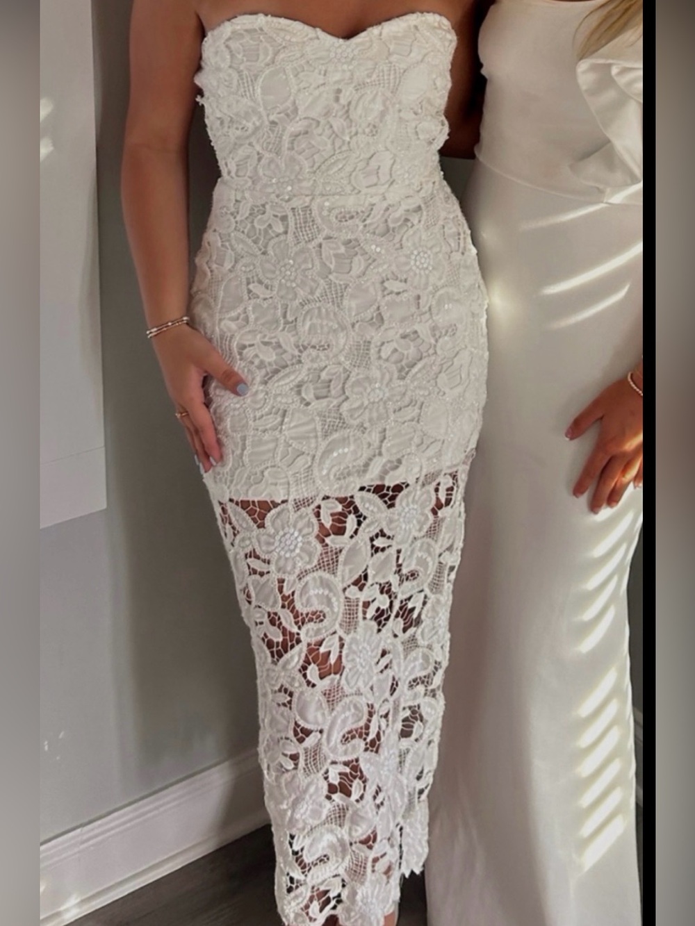 Fashion Nova White Lace Maxi Dress - Sleeveless Sheath